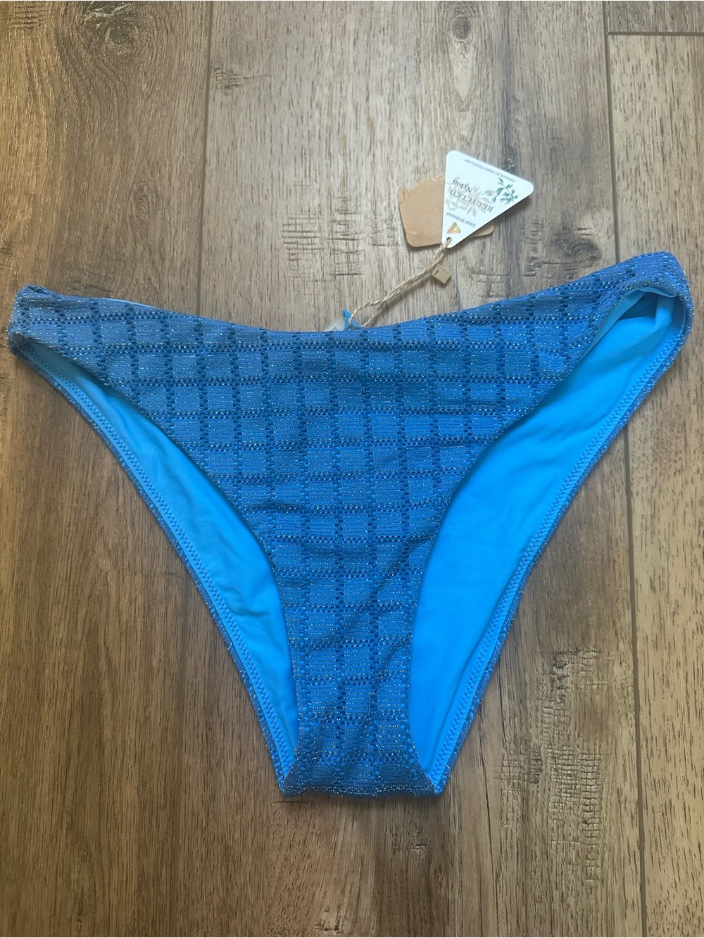 NWT! Berlook Mesh Plaid Bikini Bottoms, Blue, Textured, Shimmer, Resortwear, L
